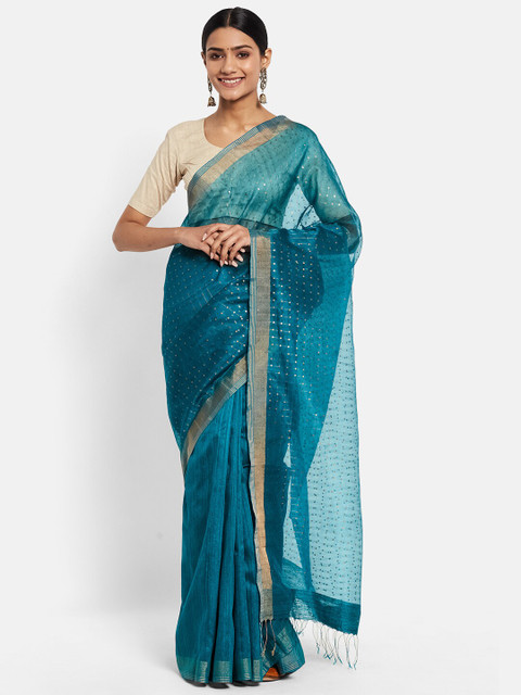 

Fabindia Teal & Golden Embellished Sequinned Pure Silk Saree