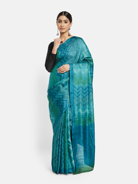 

Fabindia Turquoise Blue Pure Silk Block Print Saree