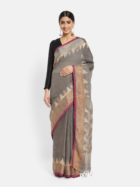 

Fabindia Charcoal & Gold-Toned Zari Pure Linen Jamdani Saree