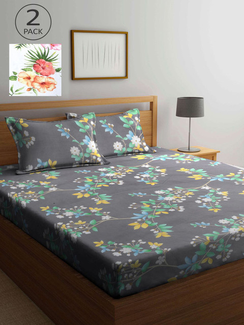 

KLOTTHE Grey & White Floral 210 TC 2 King Bedsheet with 4 Pillow Covers