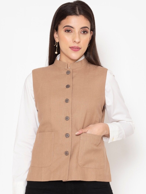 

Ekmatra Women Tan Solid Woven Nehru Jackets