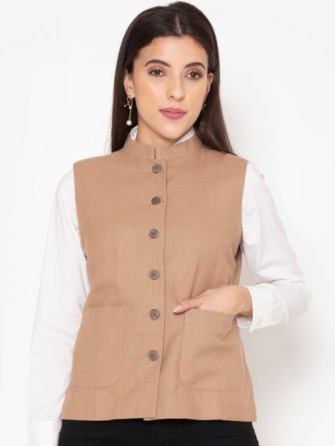 

Ekmatra Women Tan Brown Solid Woven Pure Cotton Khadi Nehru Jackets