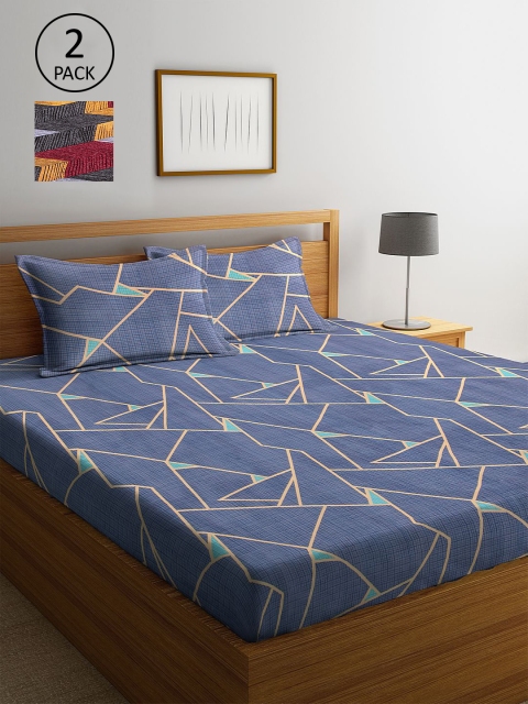

KLOTTHE Blue & Maroon Geometric 210 TC 2 King Bedsheet with 4 Pillow Covers