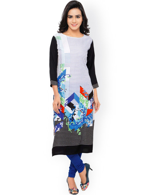 

Satrani Women White & Black Printed Straight Kurta
