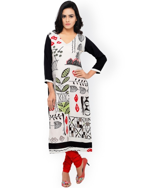 

Satrani Women White & Black Printed Straight Kurta