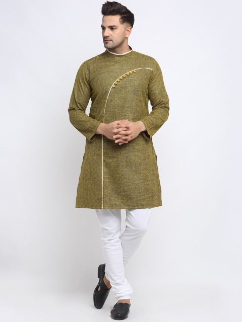 

NEUDIS Men Olive Green Printed Angrakha Pure Cotton Kurta with Pyjamas