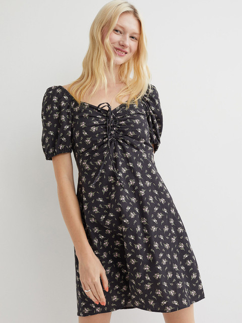 

H&M Women Charcoal Grey Ditsy Floral Linen-Blend Dress