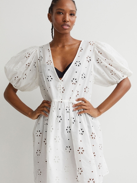 

H&M Women White Schiffli Cotton Puff-Sleeved Broderie Anglaise Dress