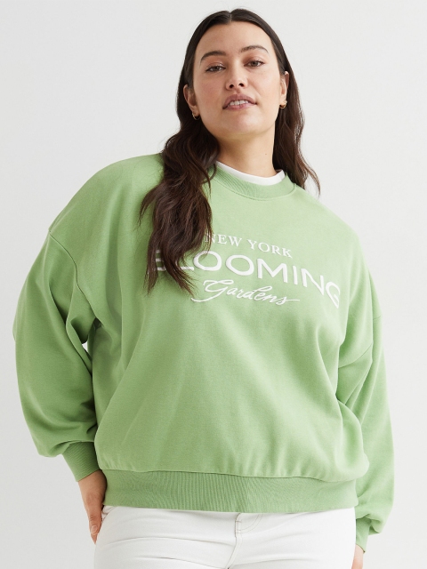 

H&M Women Plus Size Green Printed Round Neck Sweatshirt