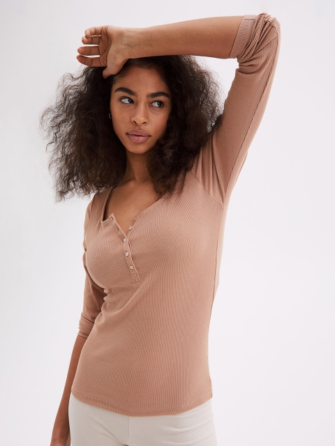 

H&M Women Beige Ribbed Henley Top