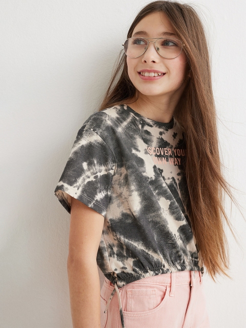 

H&M Girls Grey Drawstring Cropped Cotton T-shirt
