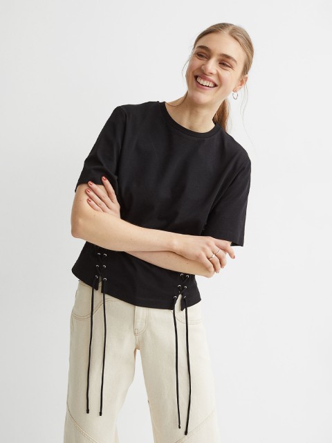 

H&M Women Black Lacing-Detail Regular Fit Cotton T-shirt
