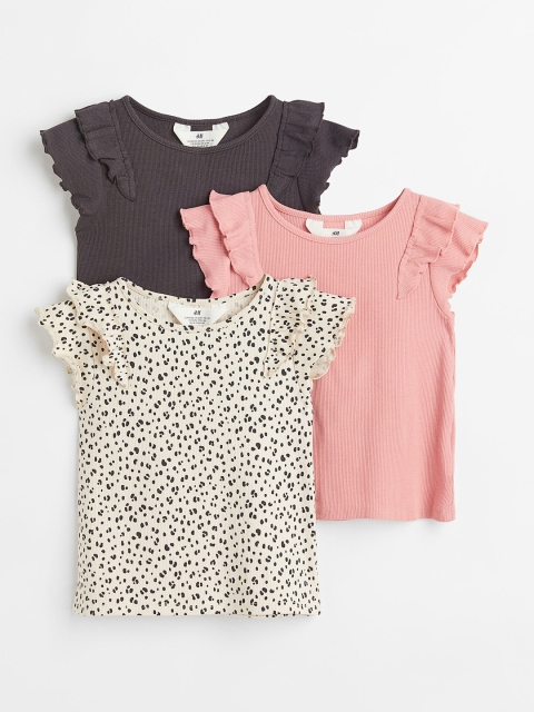 

H&M Girls 3-Pack Ribbed Tops, Beige