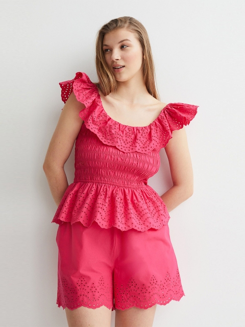 

H&M Flounce-Trimmed Broderie Anglaise Top, Pink