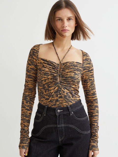 

H&M Women Beige & Black Tie-Detail Cropped Top