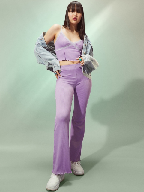 

H&M Women Purple Rib-Knit Trousers