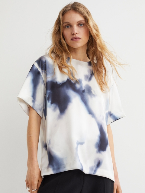 

H&M Women White & Blue Oversized Satin Blouse
