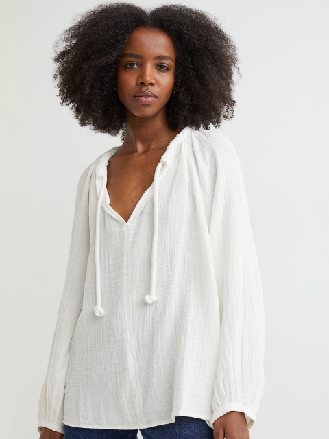 

H&M Balloon-Sleeved Cotton Blouse, White