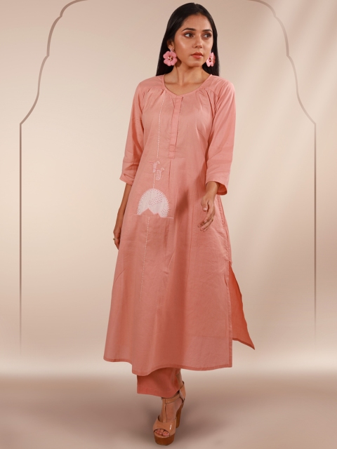 

Orbbaan Women Pink Thread Work Pastels Cotton Kurta