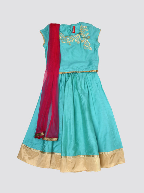 

Ethnicity Girls Turquoise Blue & Red Embroidered Thread Work Ready to Wear Lehenga & Blouse With Dupatta