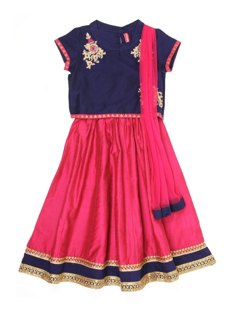 

Ethnicity Girls Pink & Navy Blue Embroidered Ready to Wear Lehenga & Blouse With Dupatta