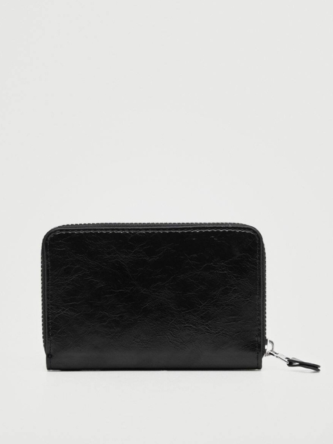 

MANGO Women Black Solid Brand Logo Embossed Zip Around Wallet