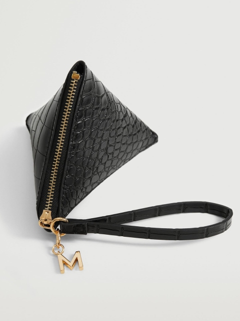 

MANGO Women Black Croc Textured Triangular-Shaped Zip Around Wallet