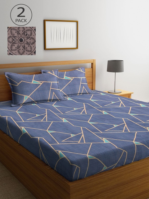 

KLOTTHE Blue & Grey Geometric 210 TC 2 King Bedsheet with 4 Pillow Covers