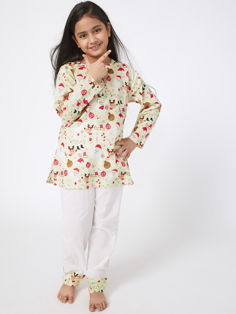 

frangipani Kids Cream-Coloured & Red Printed Cotton Night suit