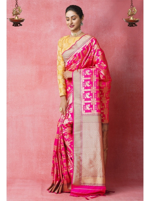 

Unnati Silks Fuchsia & Gold-Toned Ethnic Motifs Zari Silk Blend Banarasi Saree