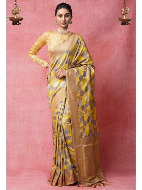 

Unnati Silks Green & Gold-Toned Woven Design Zari Silk Blend Banarasi Saree