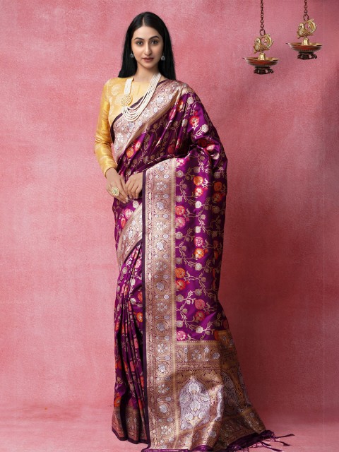 

Unnati Silks Purple & Gold-Toned Floral Woven Design Banarasi Saree
