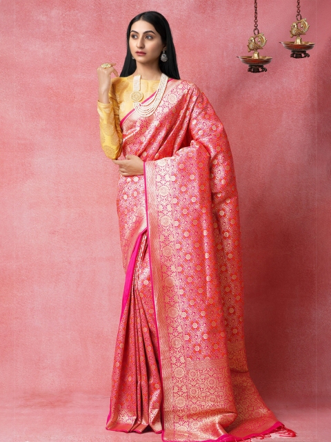 

Unnati Silks Pink & Gold-Toned Woven Design Silk Blend Banarasi Saree