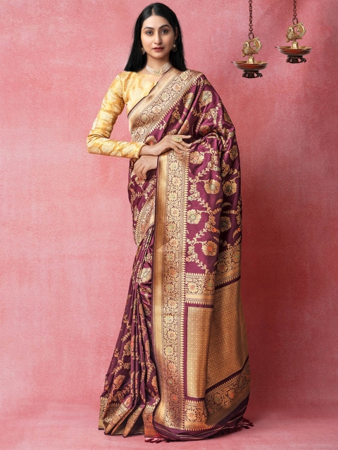 

Unnati Silks Purple & Gold-Toned Ethnic Motifs Zari Silk Blend Banarasi Saree