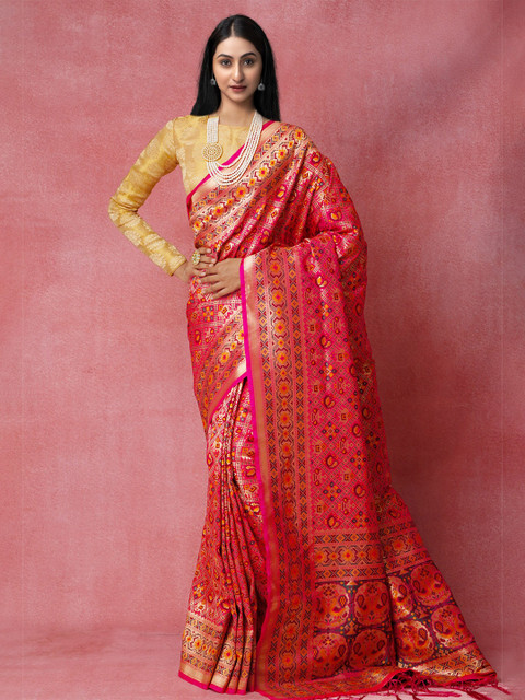

Unnati Silks Pink & Gold-Toned Ethnic Motifs Zari Silk Blend Banarasi Saree