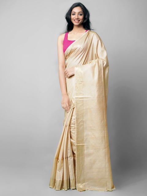 

Unnati Silks Cream-Coloured Woven Design Zari Handloom Sustainable Pure Silk Tussar Saree