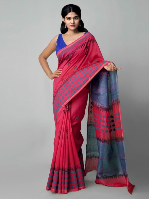 

Unnati Silks Red & Blue Ethnic Motifs Zari Silk Cotton Chanderi Saree