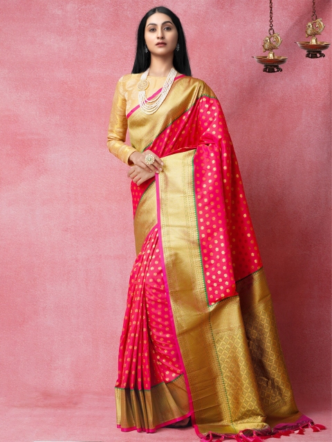 

Unnati Silks Red & Gold Woven Design Zari Silk Blend Kanjeevaram Saree