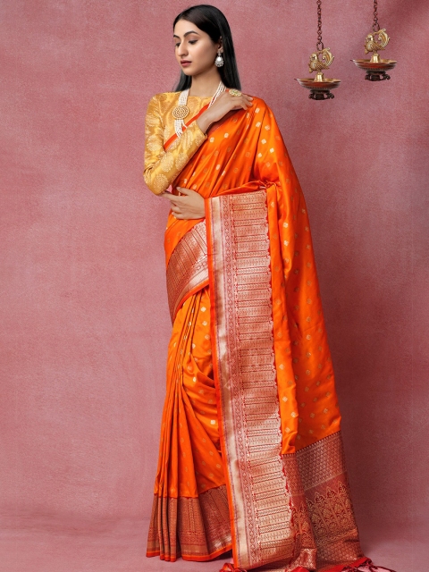 

Unnati Silks Orange & Maroon Woven Design Silk Blend Kanjeevaram Saree