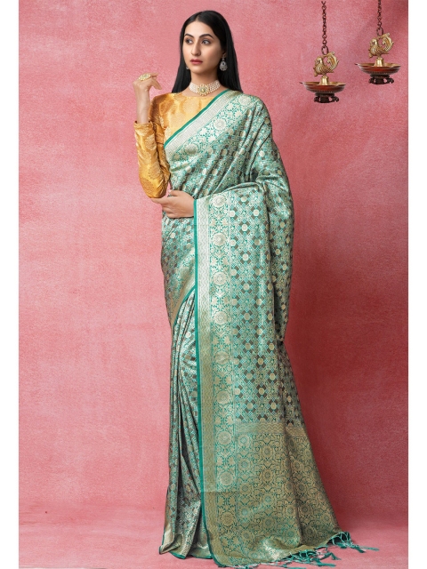 

Unnati Silks Sea Green & Gold-Toned Ethnic Motifs Zari Silk Blend Banarasi Saree
