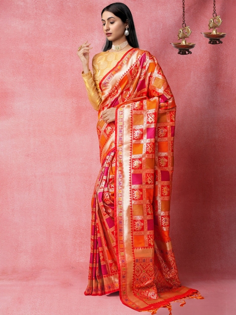 

Unnati Silks Red & Gold-Toned Woven Design Zari Silk Blend Banarasi Saree