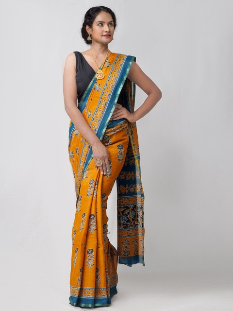 

Unnati Silks Orange & Blue Pure Cotton Bhagalpuri Saree