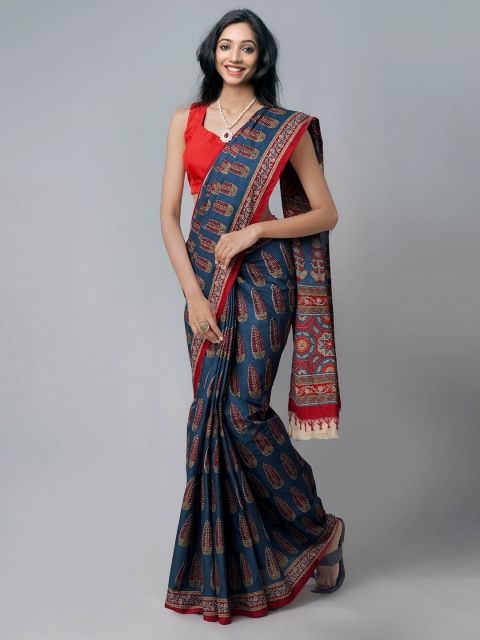 

Unnati Silks Grey & Red Ethnic Motifs Printed Pure Cotton Kovai Saree