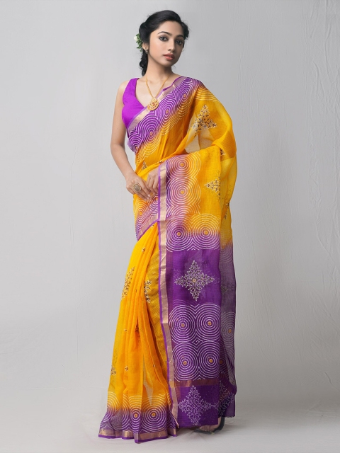 

Unnati Silks Yellow & Purple Ethnic Motifs Pure Cotton Kota Saree