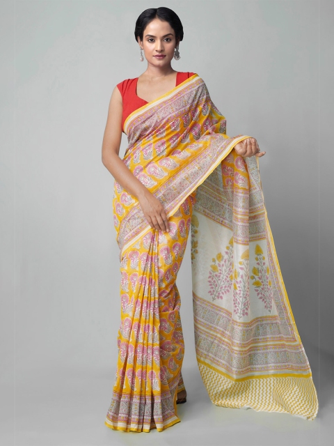 

Unnati Silks Orange & Pink Ethnic Motifs Silk Cotton Chanderi Saree