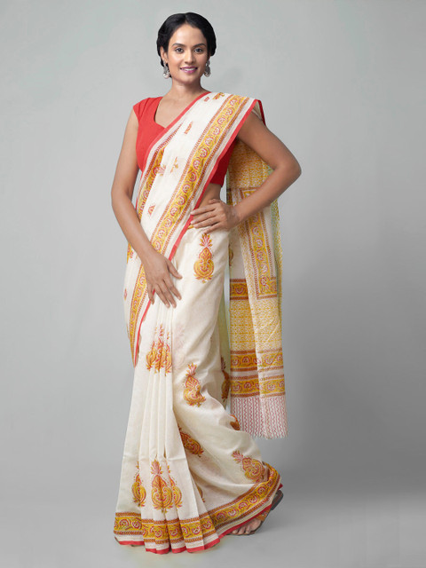

Unnati Silks Off-White & Yellow Block Print Sustainable Silk Cotton Chanderi Saree