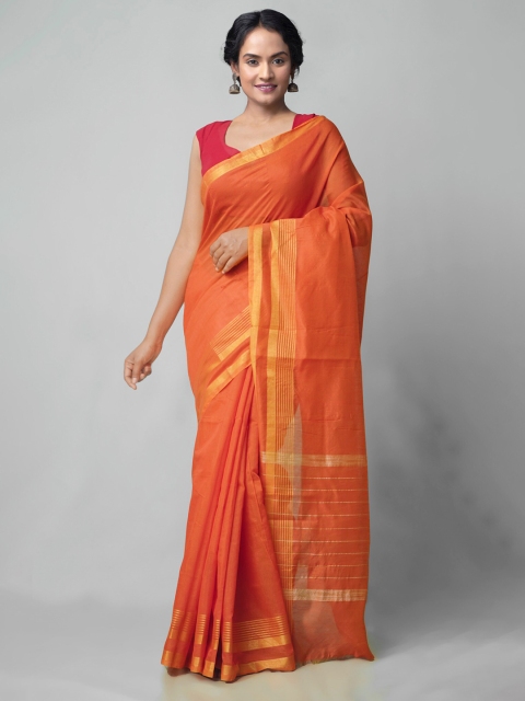 

Unnati Silks Orange & Gold-Toned Zari Silk Cotton Chanderi Saree
