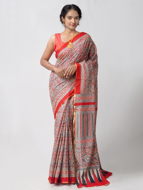 

Unnati Silks Grey & Red Pure Cotton Bhagalpuri Saree