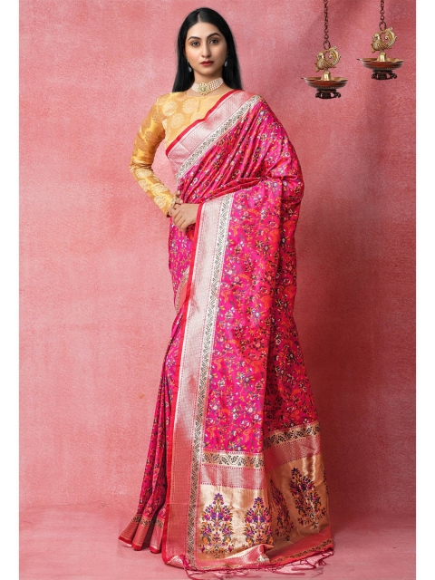 

Unnati Silks Pink & Blue Floral Zari Silk Blend Banarasi Saree