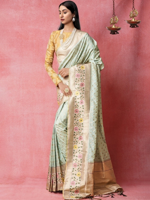 

Unnati Silks Mint Green & Gold-Toned Floral Woven Design Banarasi Saree